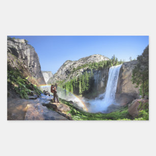 Vernal Fall Hiker and Rainbow - Yosemite Rectangular Sticker