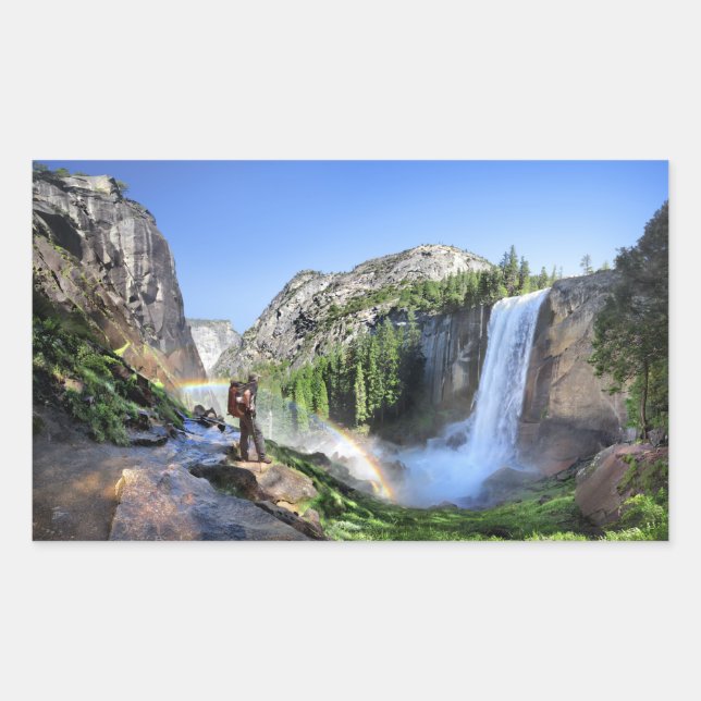Vernal Fall Hiker and Rainbow - Yosemite Rectangular Sticker (Front)