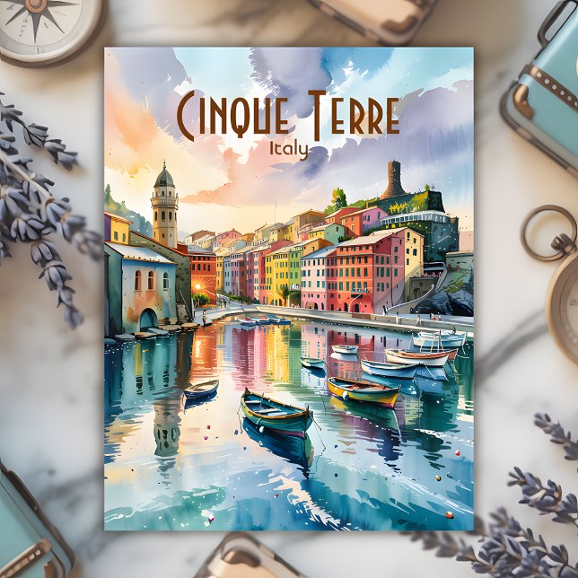 Vernazza Cinque Terre Italy Watercolor Custom Postcard (Custom Vernazza Cinque Terre Italy Harbor Watercolor Painting Postcard)