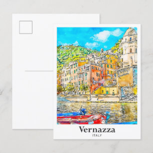 Vernazza Italy Travel Watercolor Sketch Hand Drawn Postcard