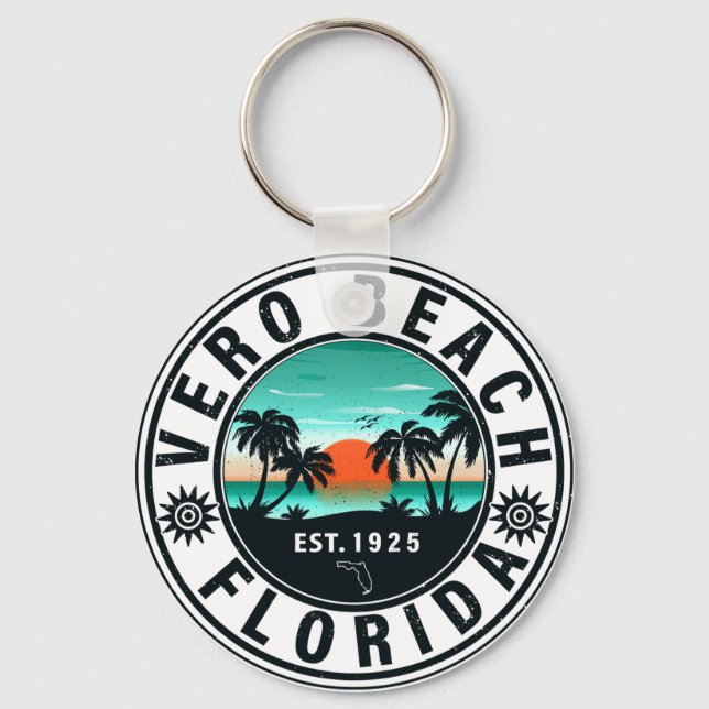 Vero Beach Florida Palm Tree Retro Sunset 60s Key Ring (Front)