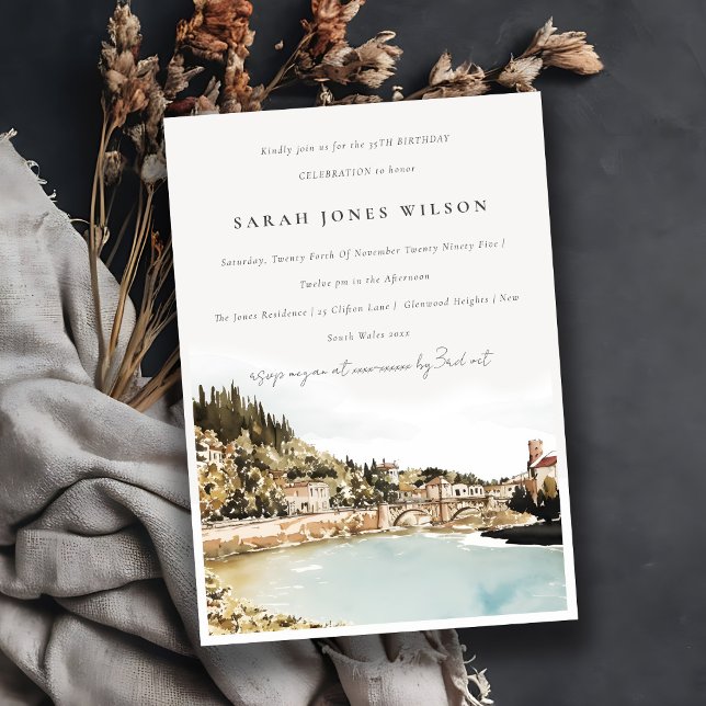 Verona Adige River Italy Watercolor Birthday Invitation (Creator Uploaded)