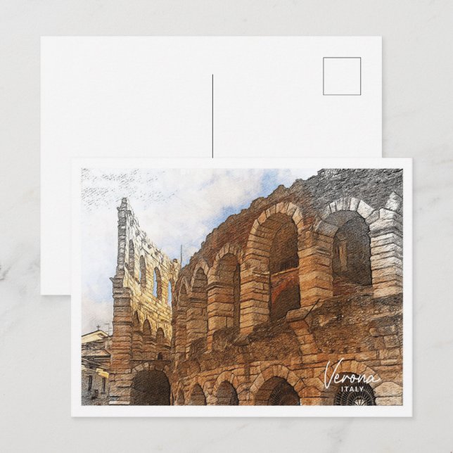 Verona Italy Beautiful Colour Pencil Landscape Postcard (Front/Back)