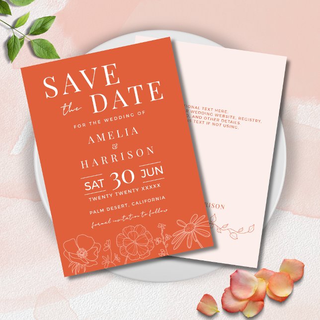 Verona Sunset Bright Orange Elegant Floral Wedding Save The Date (Verona Sunset Bright Orange Floral Wedding Save the Date with Line Art, Optional Text on Back.)