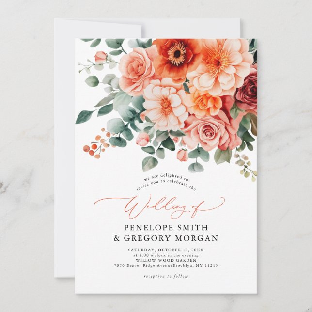 Verona Sunset Bright Orange Modern Floral Wedding Invitation (Front)