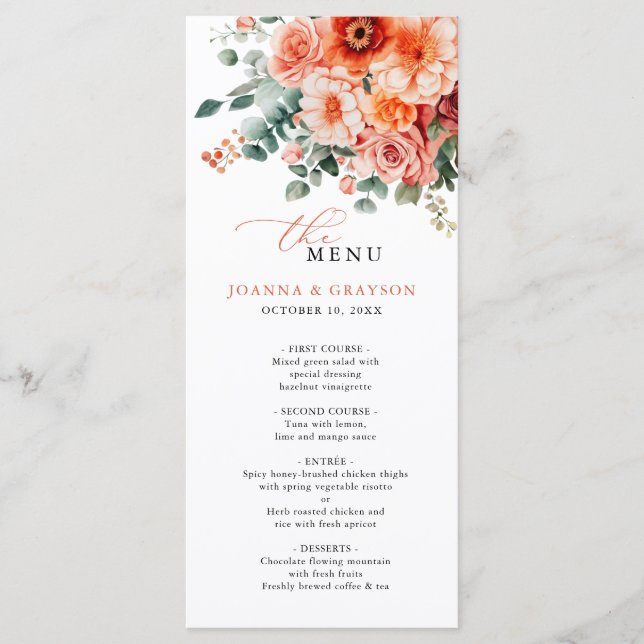 Verona Sunset Bright Orange Modern Floral Wedding Menu (Front)