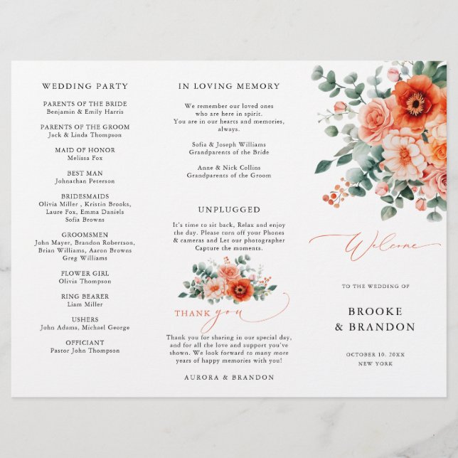 Verona Sunset Bright Orange Modern Wedding Program (Front)