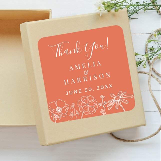 Verona Sunset Elegant Floral Wedding Thank You Square Sticker (Verona Sunset Orange Floral Wedding Thank You Sticker with Line Art, Couple Names, Wedding Date.)