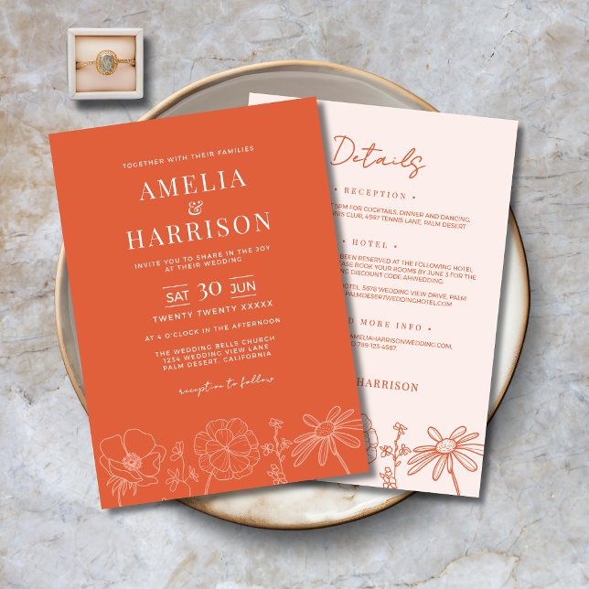 Verona Sunset Orange All In One Floral Wedding Invitation (Verona Sunset Orange All-In-One Floral Wedding Invitation with Line Art, Details on the Back.)