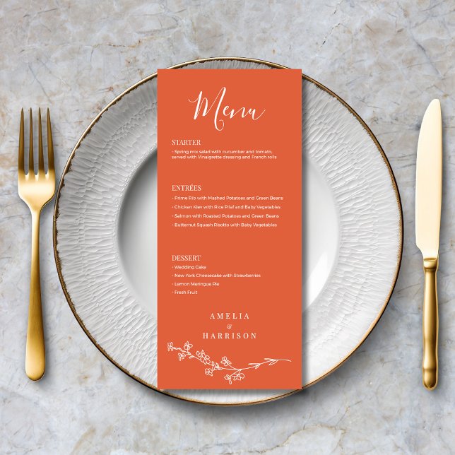 Verona Sunset Orange Floral Formal Elegant Wedding Menu (Verona Sunset Orange Floral Formal Elegant Wedding Menu with Menu Options, Optional Text on Back.)