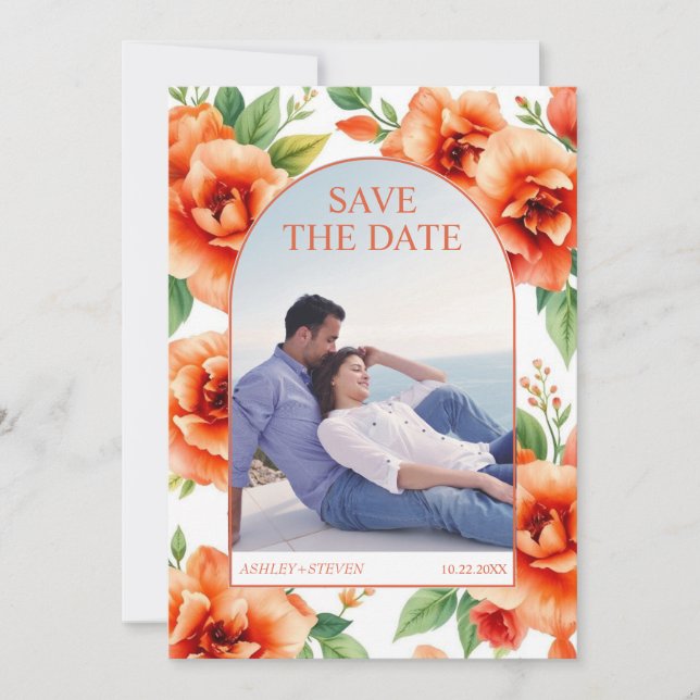 Verona sunset orange floral pattern wedding photo save the date (Front)