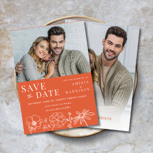 Verona Sunset Orange Floral Two Photo Wedding Save The Date