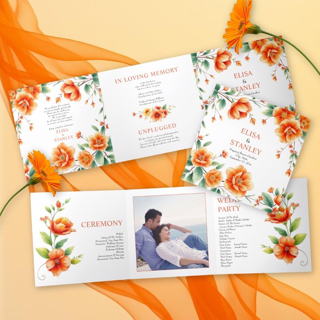 Verona sunset orange flowers and photo wedding Tri-Fold programme (Creator Uploaded)