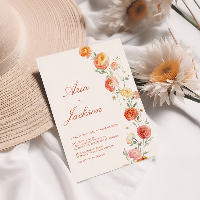 Verona Sunset Orange Wedding Floral  Invitation (Creator Uploaded)