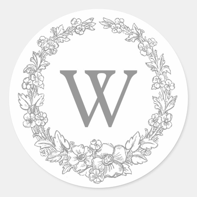 Versailles Grey | Classic Floral Wreath Monogram Classic Round Sticker (Front)