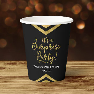 Versatile Faux Gold Chevron It's a Surprise Party Paper Cups