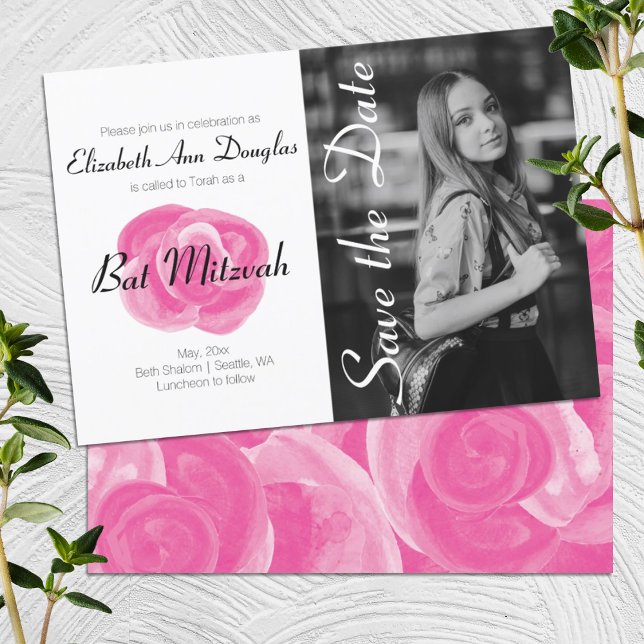 Versatile Pink Rose Birthday Invitations (Girlie pink, bold pink rose bat mitzvah invitation with photo, simple pink black white photo design)