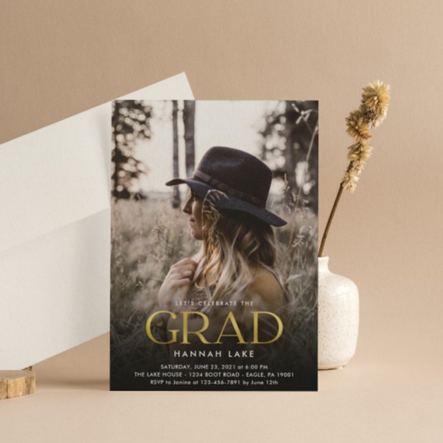Vertical 3 Photo Gold Foil Grad Photo Graduation Invitation (Creator Uploaded)