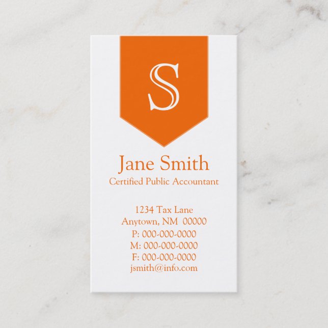 Vertical Arrow Monogram Business Card, Orange Card (Front)