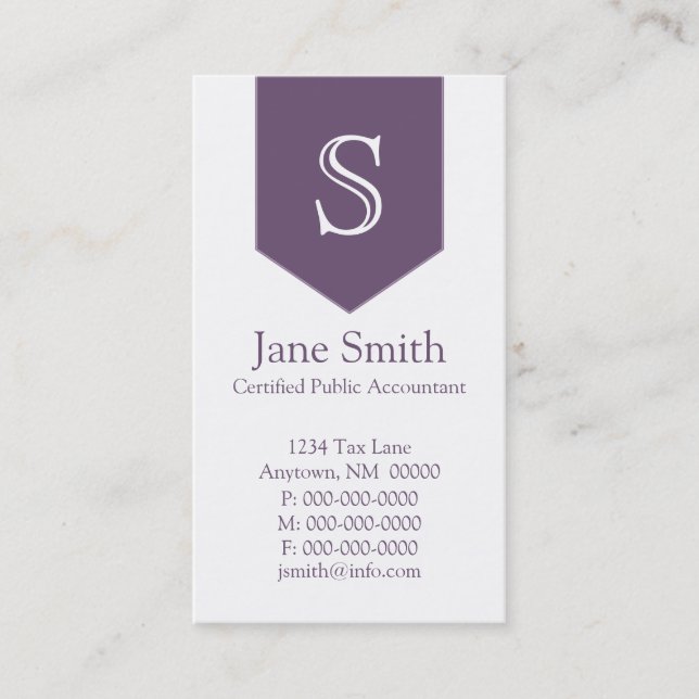 Vertical Arrow Monogram Business Card, Purple Card (Front)