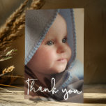 Vertical Baby Photo Birth Announcement Thank You Postcard<br><div class="desc">Personalised with your baby's photo on the front and special message on the back. This design uses an elegant hand-drawn script font for a touch of sophistication. Express your excitement in announcing the birth of your child and send your gratitude at the same time. The words "Thank you" overlay is...</div>