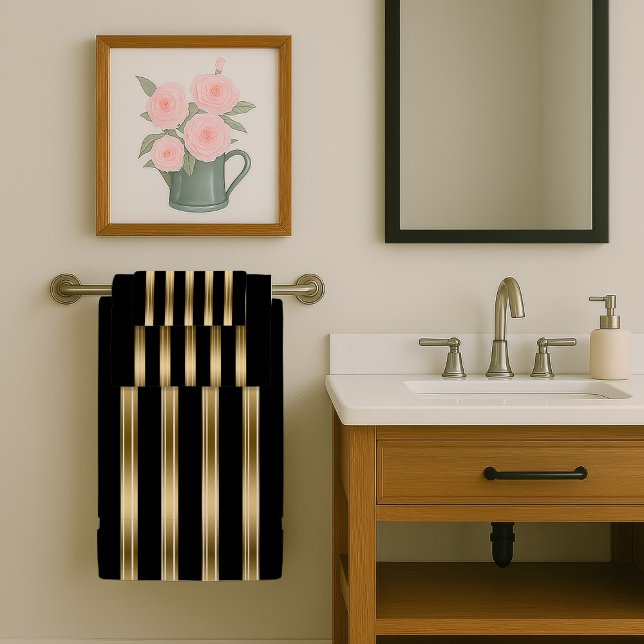 Vertical Black And Gold Stripes White Background Bath Towel Set (Creator Uploaded)