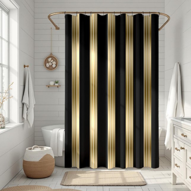 Vertical Black And Gold Stripes White Background Shower Curtain (Creator Uploaded)