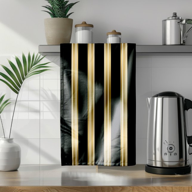 Vertical Black And Gold Stripes White Background Tea Towel (Creator Uploaded)