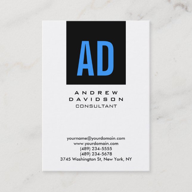 Vertical Black Blue White Monogram Business Card (Front)