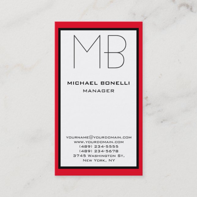 Vertical black red border monogram business card (Front)