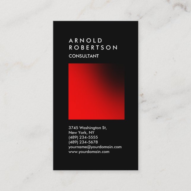 Vertical Black Red Trendy Consultant Business Card (Front)