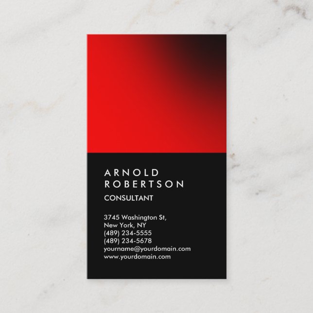 Vertical Black Red Trendy Consultant Business Card (Front)