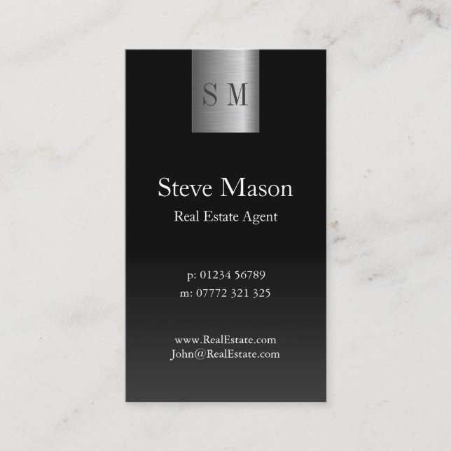 Vertical Black Steel Monogram Business Card (Front)