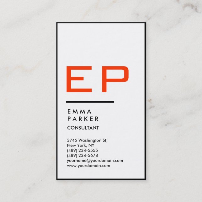 Vertical Black White Border Trendy Red Monogram Business Card (Front)