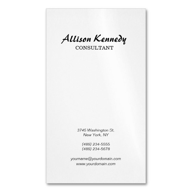 Vertical Black & White Brush Script Name Address Magnetic Business Card (Front Vertical)