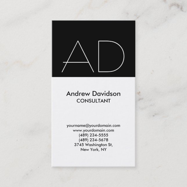 Vertical Black White Monogram Business Card (Front)