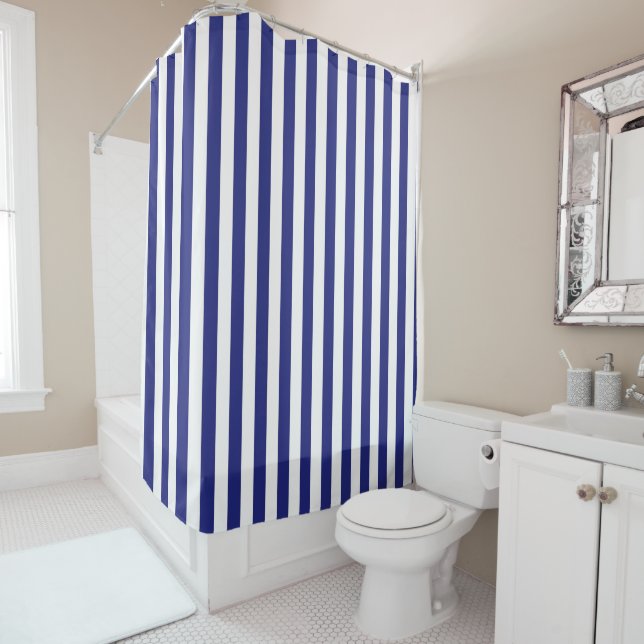 Vertical Blue and White Stripes Shower Curtain (In Situ)
