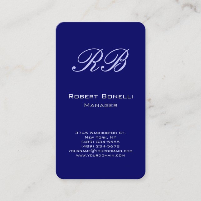 Vertical Blue Monogram Business Card (Front)