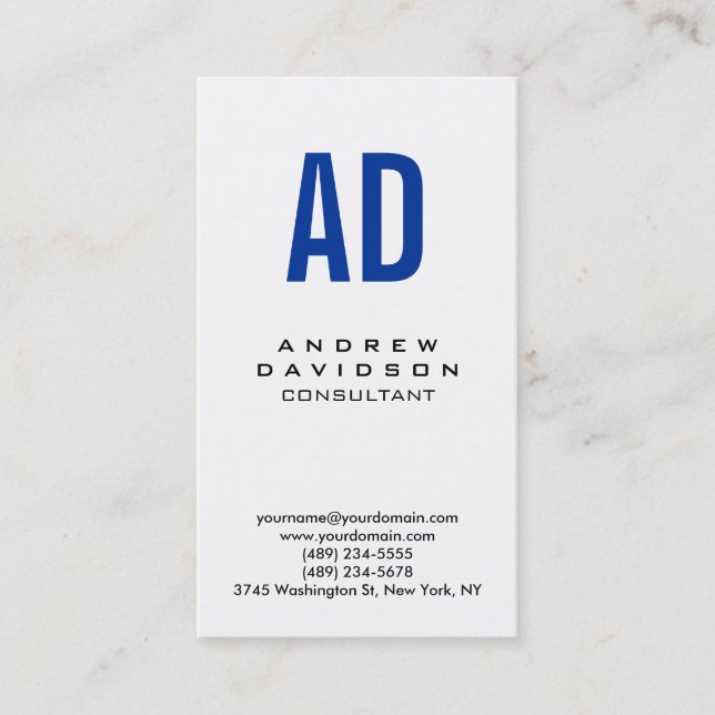 Vertical Blue White Monogram Business Card (Front)