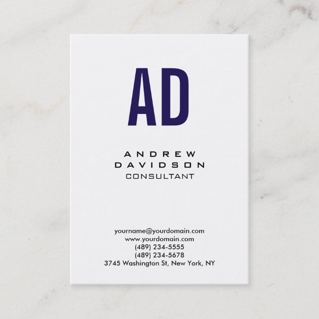 Vertical Blue White Monogram Chubby Business Card (Front)