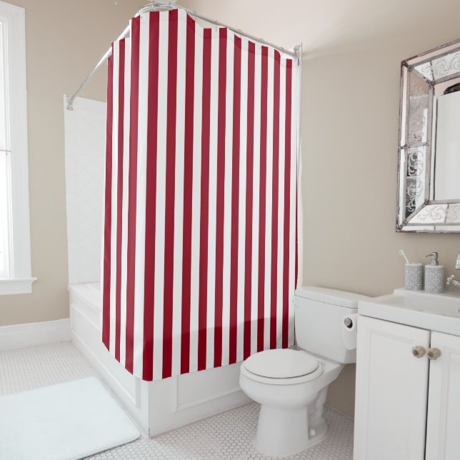 Vertical Burgundy and White Stripes Shower Curtain (In Situ)