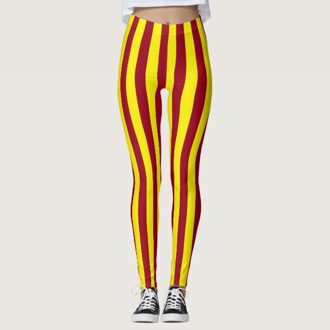 Vertical Burgundy and Yellow Stripes Leggings (Front)