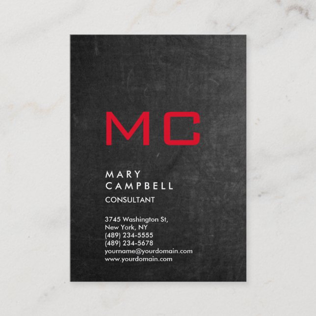 Vertical Chalkboard Grey Red Trendy Monogram Business Card (Front)
