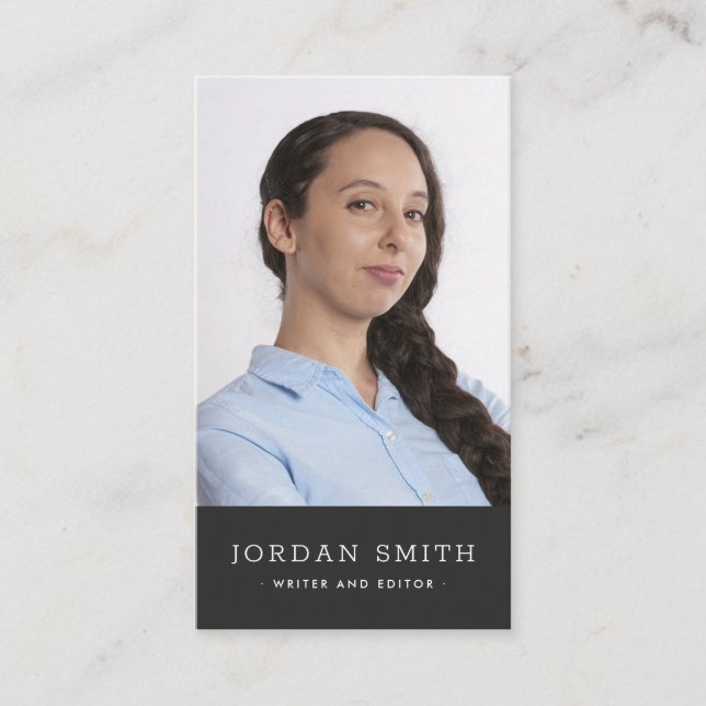 Vertical custom photo modern dark grey business card (Front)