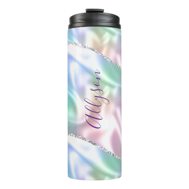 Vertical Dark Purple Script Name, Iridescent Thermal Tumbler (Front)