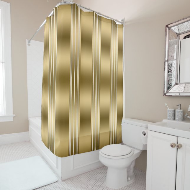 Vertical Double Gold Stripes On White Background Shower Curtain (In Situ)