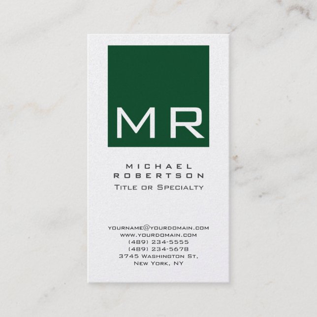 Vertical Forest Green Monogram Business Card (Front)