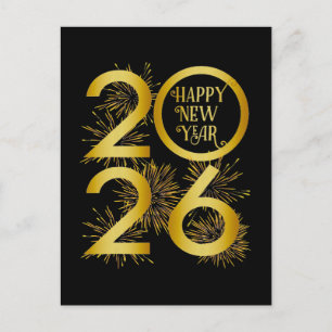 Vertical Gold 2026 New Year Design with Fireworks Holiday Postcard