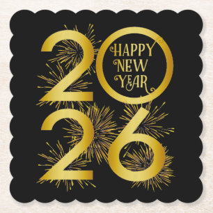 Vertical Gold 2026 New Year Design with Fireworks Paper Coaster