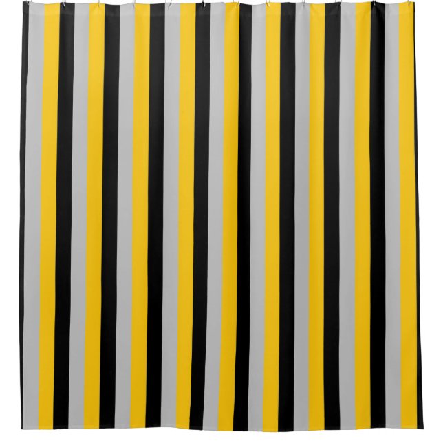 Vertical Gold, Black and Silver Stripes Shower Curtain (Front)